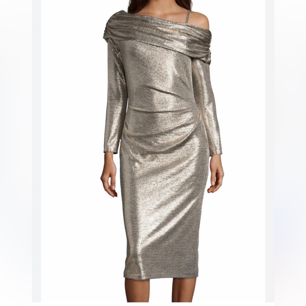 Betsy and Adam gold asymmetrical metallic gold midi dress, Festive dress - Picture 1 of 12